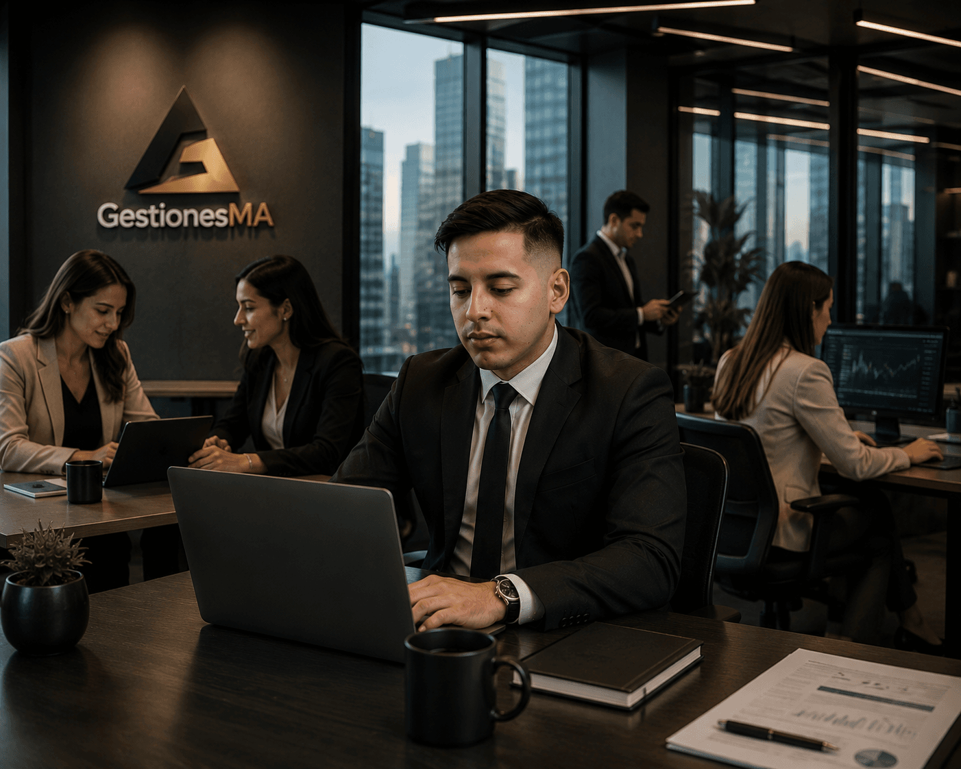 Equipo de GESTIONES MA trabajando en sus oficinas